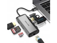 VENTION 8u1 Hub Tip-C na HDMI, 3x USB 3.0, RJ-45, Tip-C za punjenje i čitače TF/SD kartice (CNDHB)